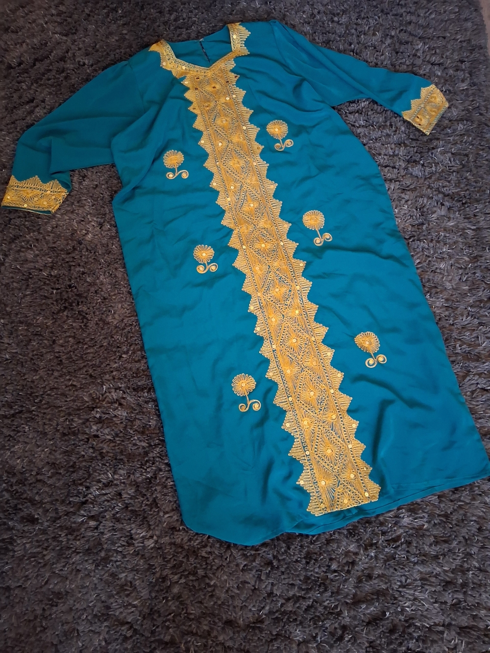 Teal Embroidered Kaftan with Gold Trim